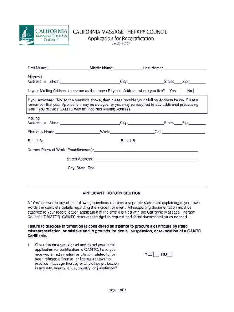 camtc application form Preview on Page 1