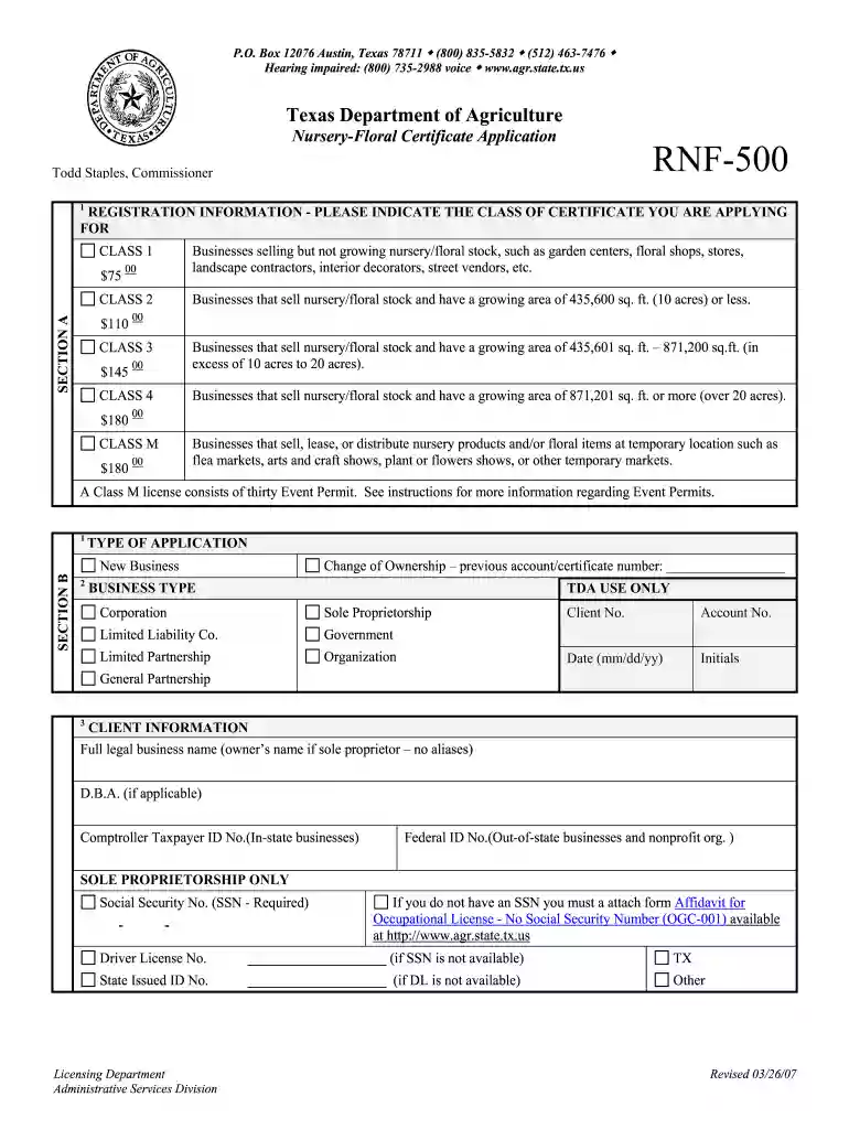 Rnf 500 nf certificate application - Texas Department of Agriculture - texasagriculture Preview on Page 1
