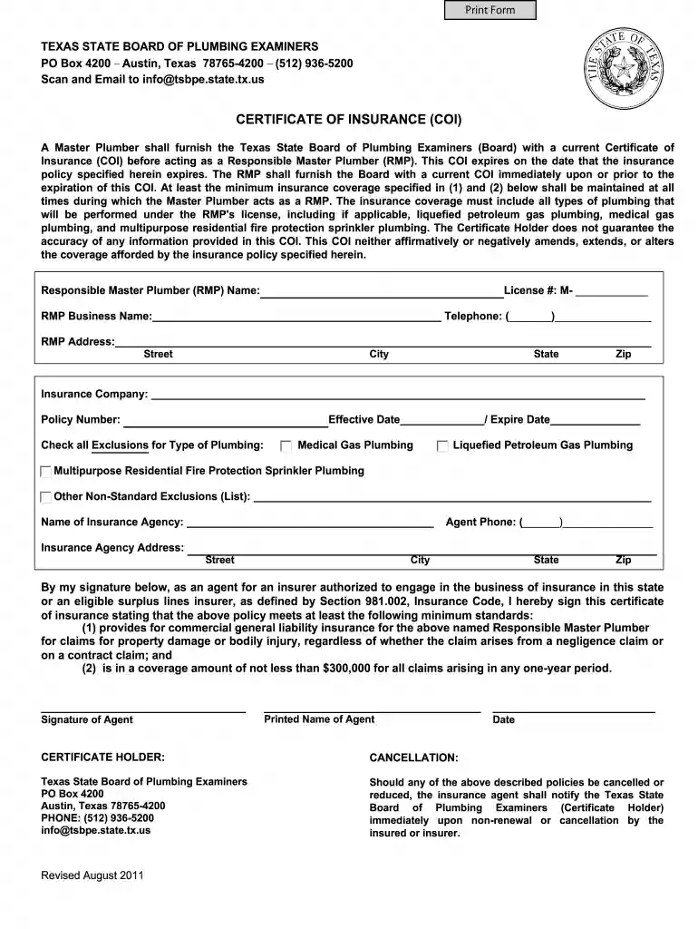 certificate of insurance texas pdf Preview on Page 1