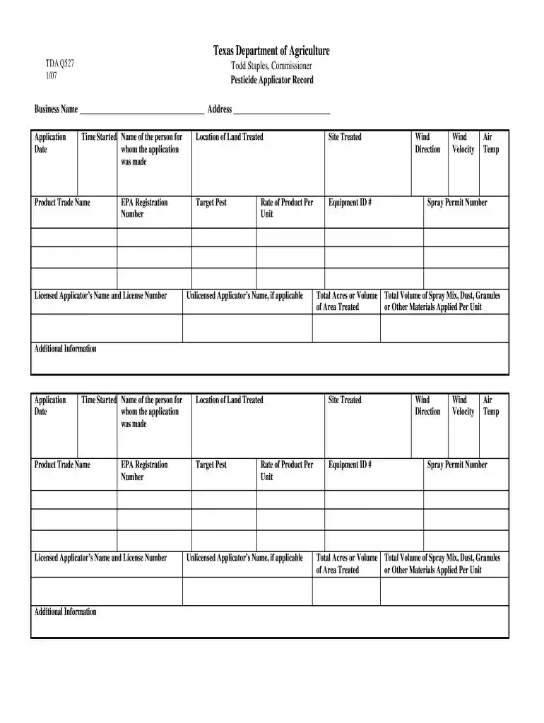 pesticide application record 2007 form Preview on Page 1