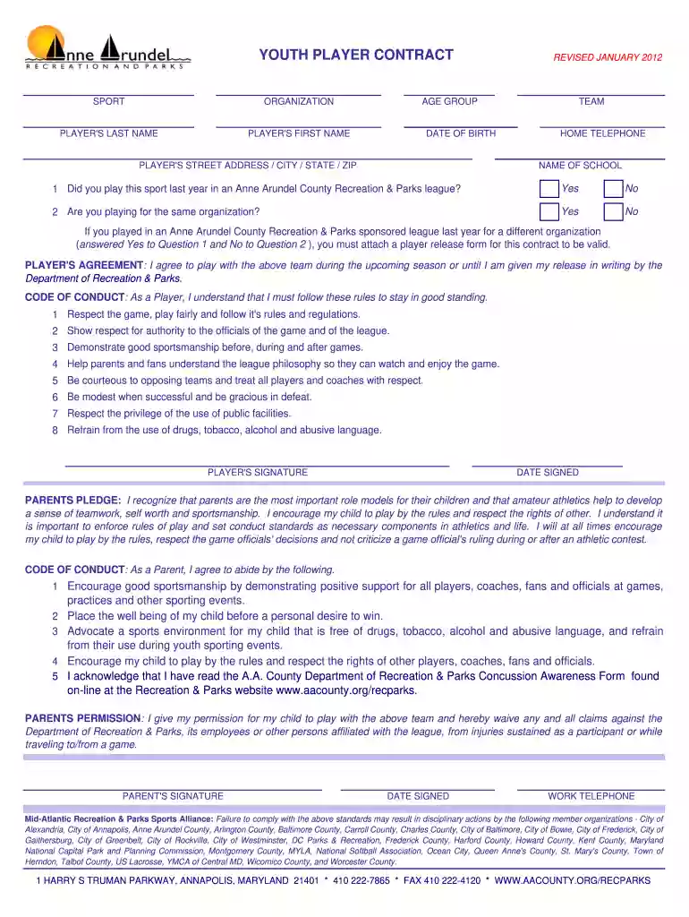 youth soccer player contract pdf Preview on Page 1