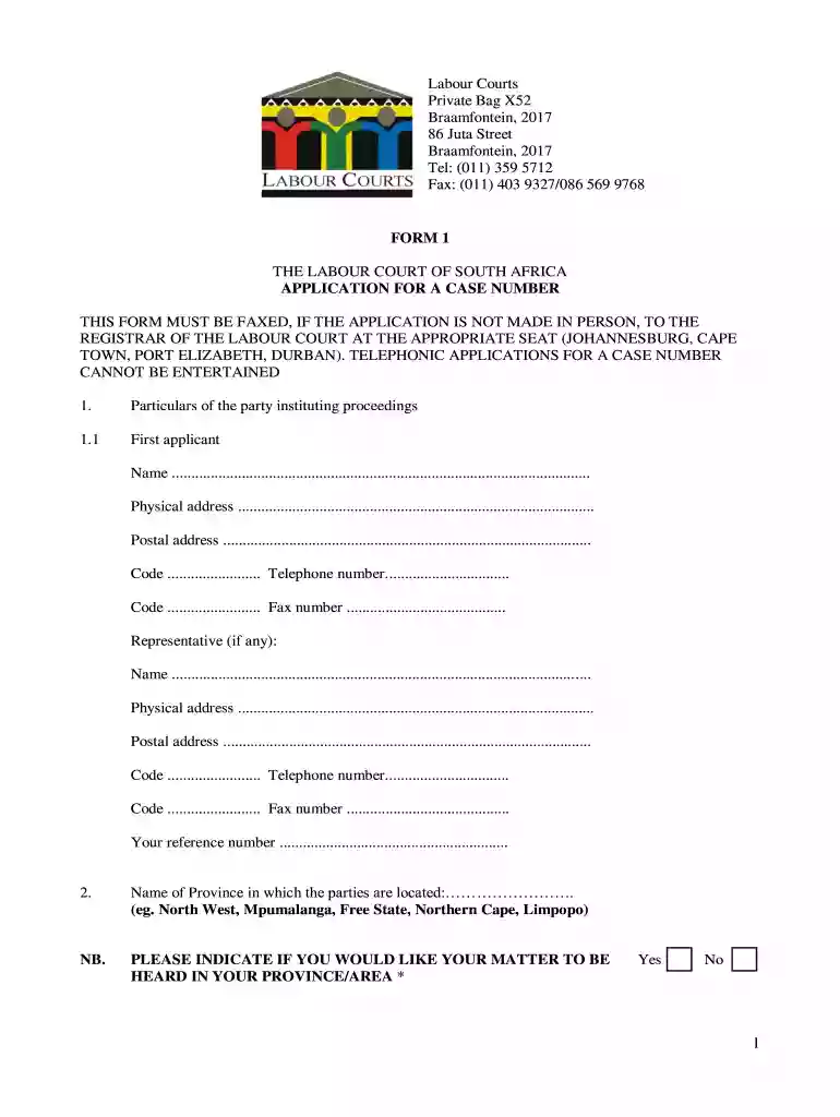 application for a case number labour court Preview on Page 1