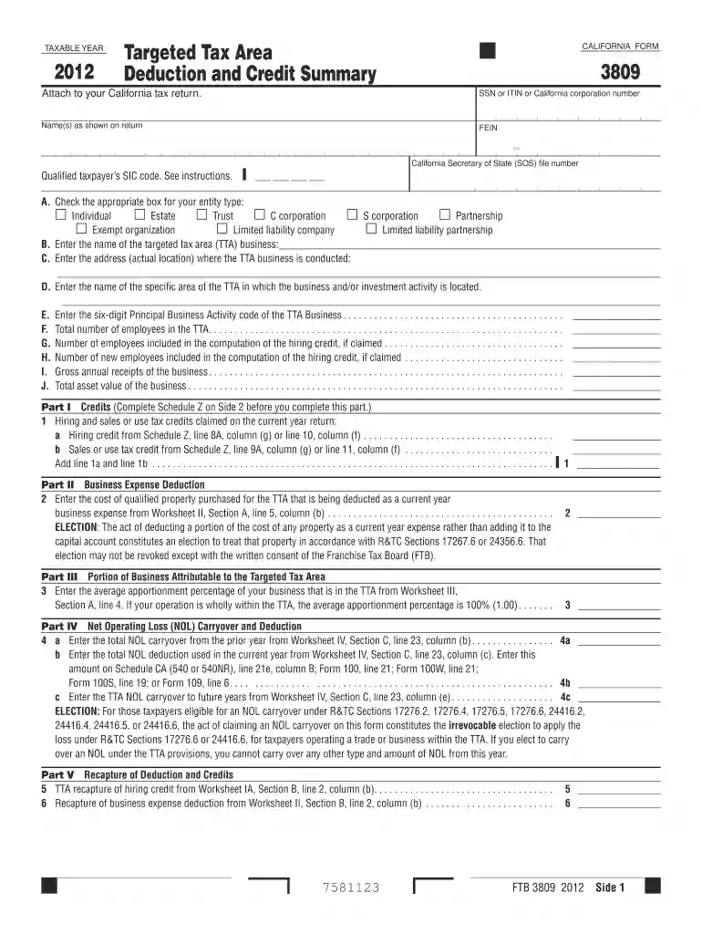 california form 3809 2012 Preview on Page 1