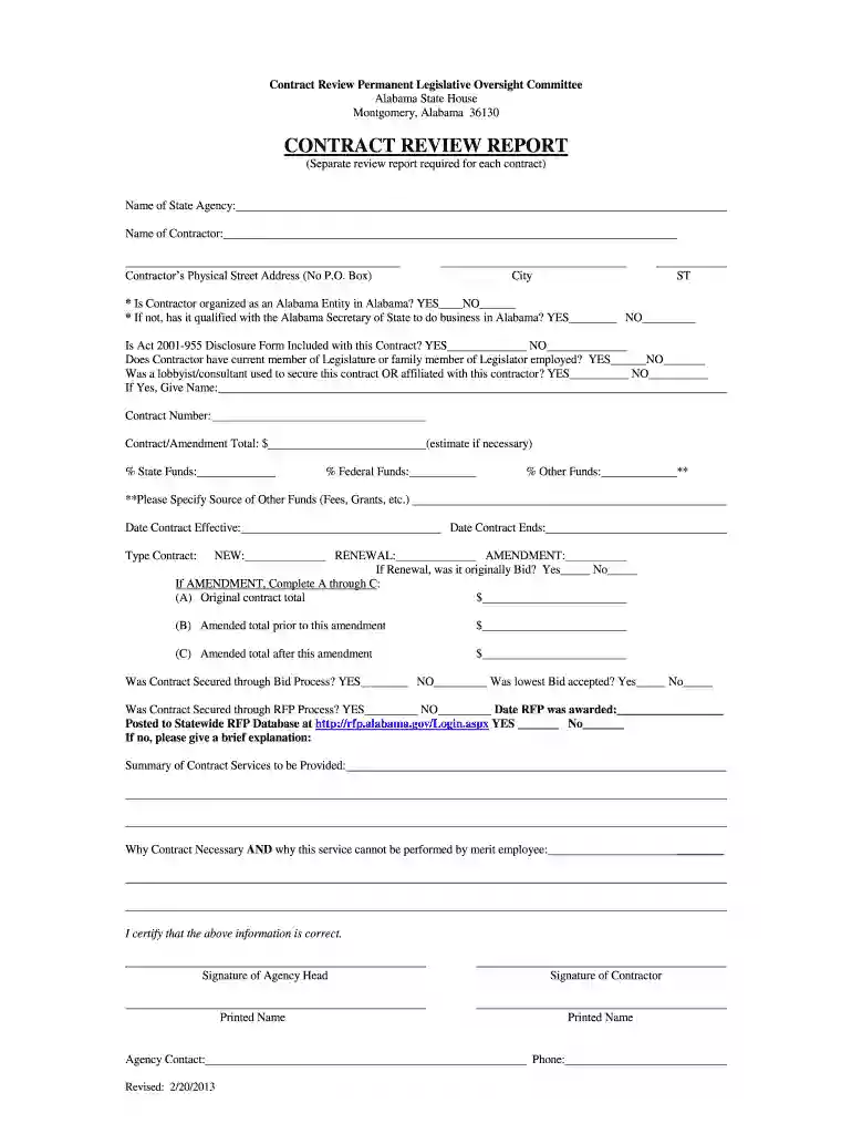 Contract Review Report Form - Alabama Legislature - legislature state al Preview on Page 1