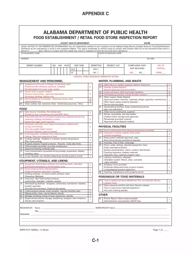 alabama health inspection checklist Preview on Page 1
