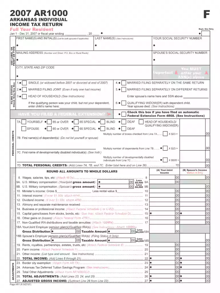 F 2007 AR1000 ARKANSAS INDIVIDUAL INCOME TAX RETURN Full Year Resident Dept - arkansas Preview on Page 1