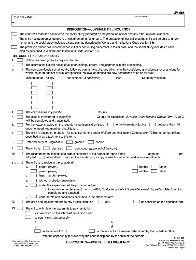 JV-665 Disposition Juvenile Delinquency Judicial Council forms - courts ca Preview on Page 1
