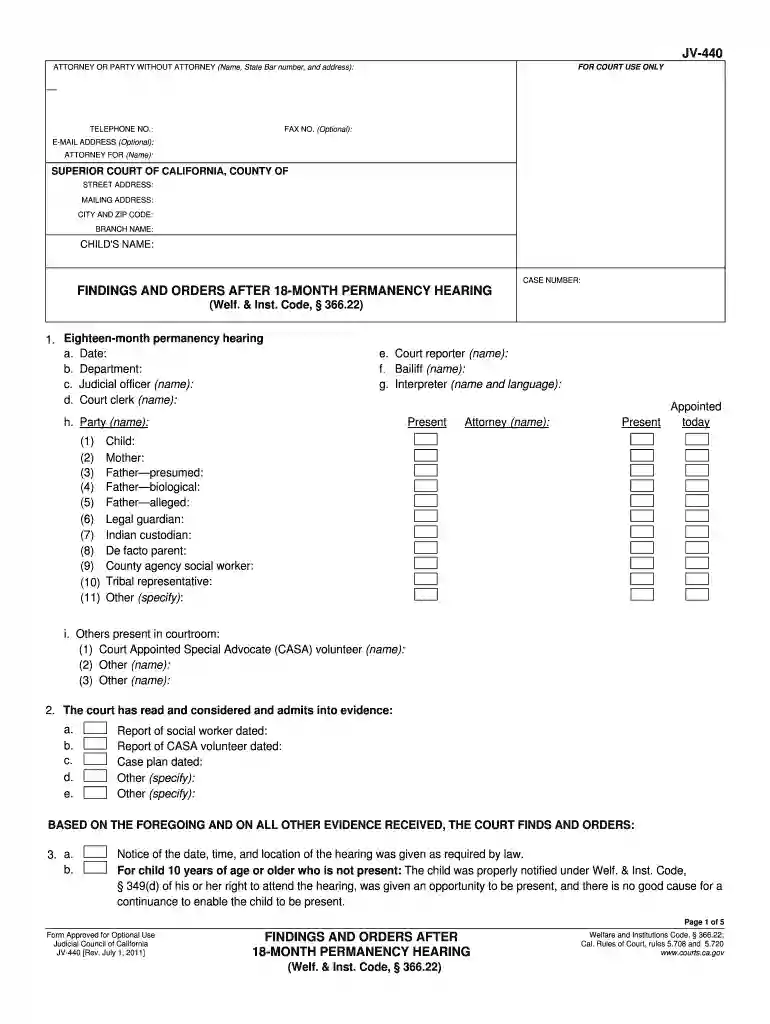 JV-440 Findings and Orders After Eighteen-Month Permanency Hearing (Welf. & Inst. Code, 366.22). Judicial Council forms - courts ca Preview on Page 1