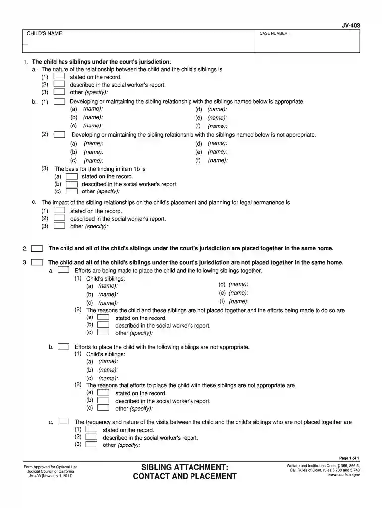 JV-403 Sibling Attachment: Contact and Placement Judicial Council forms - courts ca Preview on Page 1