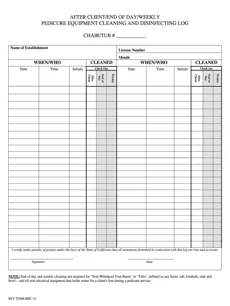 pedicure cleaning log sheet florida Preview on Page 1