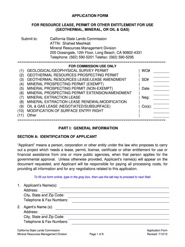 APPLICATION FORM - State Lands Commission - State of California - slc ca Preview on Page 1