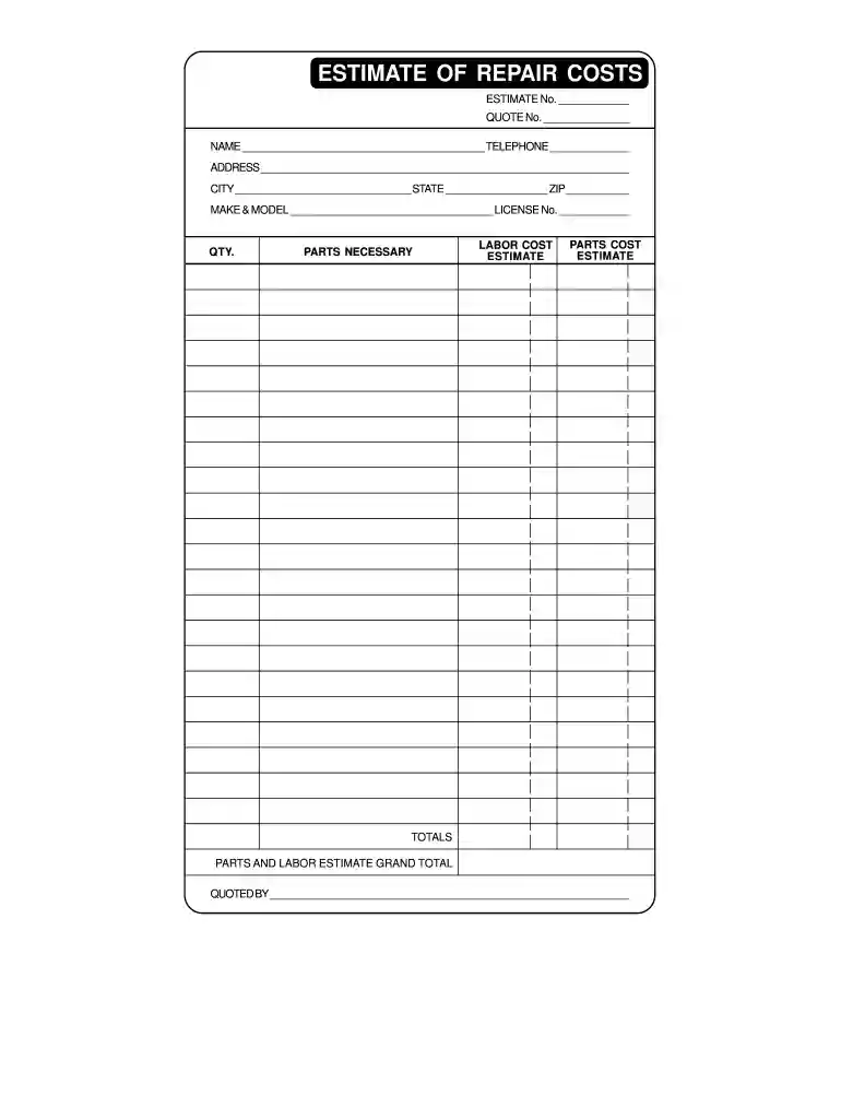 home repair estimate template Preview on Page 1