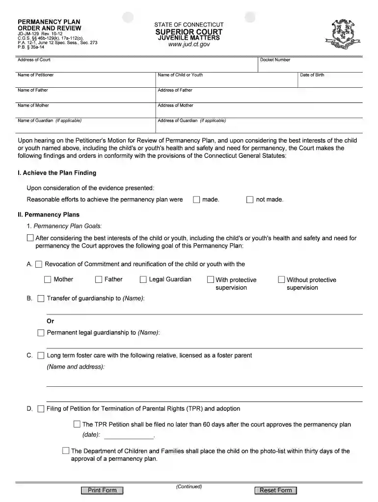 PERMANENCY PLAN ORDER AND REVIEW - CT - jud ct Preview on Page 1