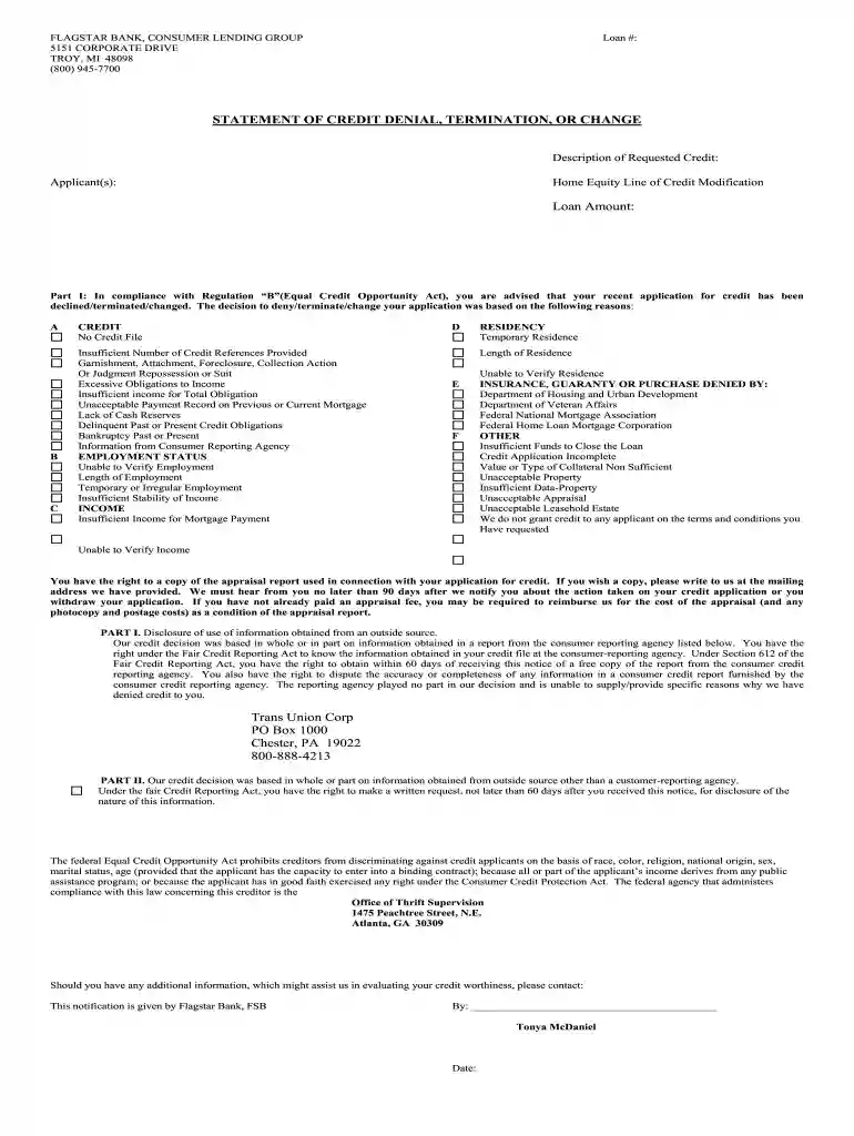 statement of credit denial form Preview on Page 1