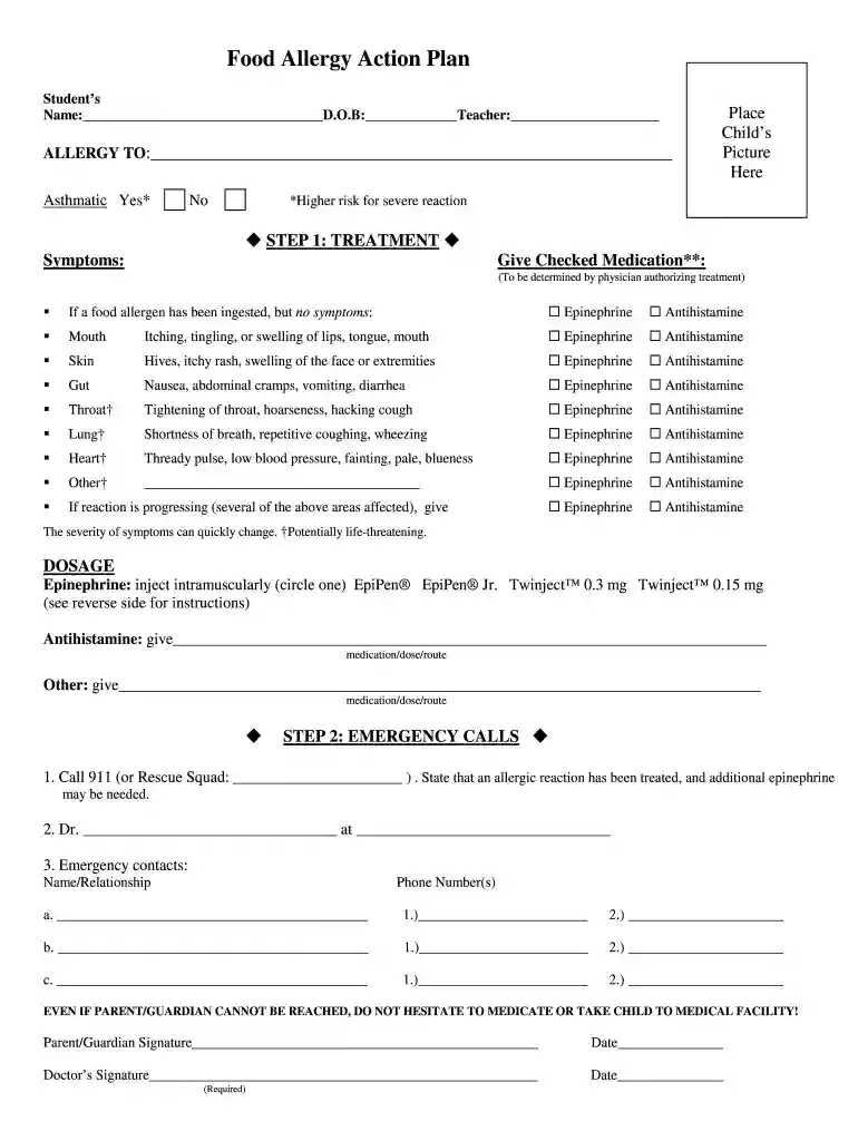 food allergy action plan template Preview on Page 1