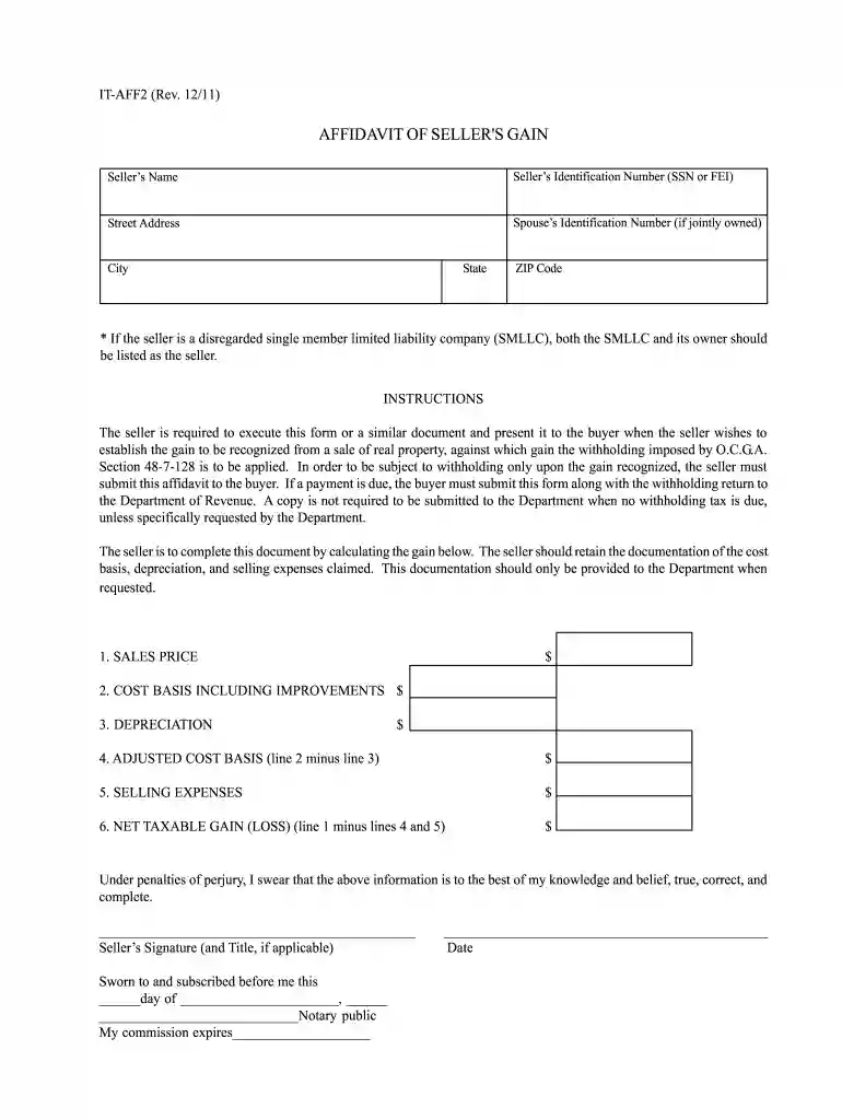 affidavit of seller's gain Preview on Page 1