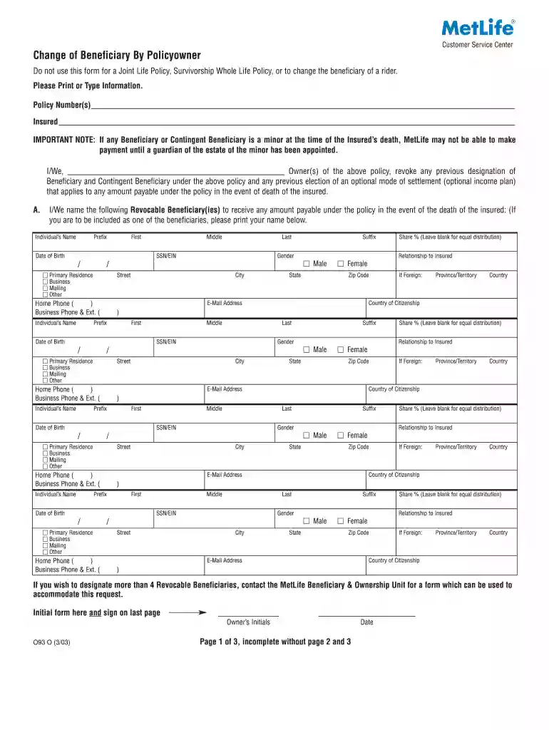 metlife change of ownership form Preview on Page 1