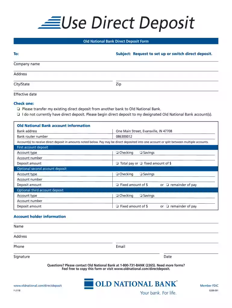 old national bank direct deposit form Preview on Page 1