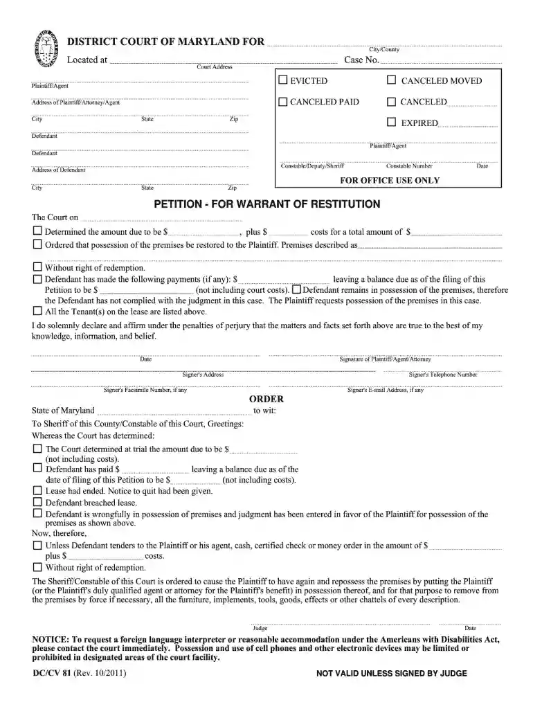 petition for warrant of restitution Preview on Page 1