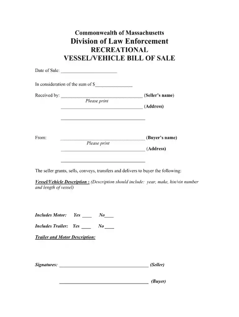 massachusetts vehicle bill of sale Preview on Page 1