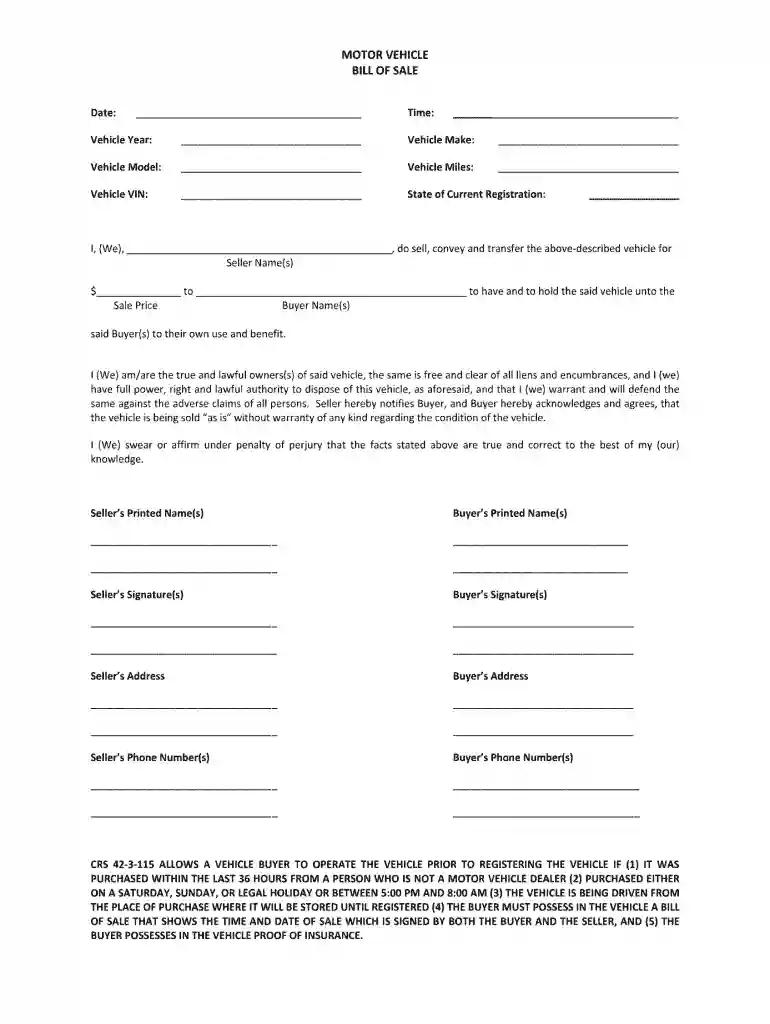 free motor vehicle bill of sale form Preview on Page 1