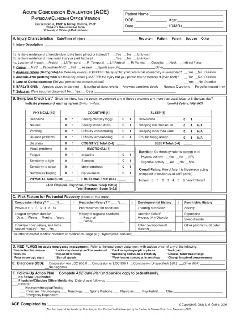 ace concussion form Preview on Page 1