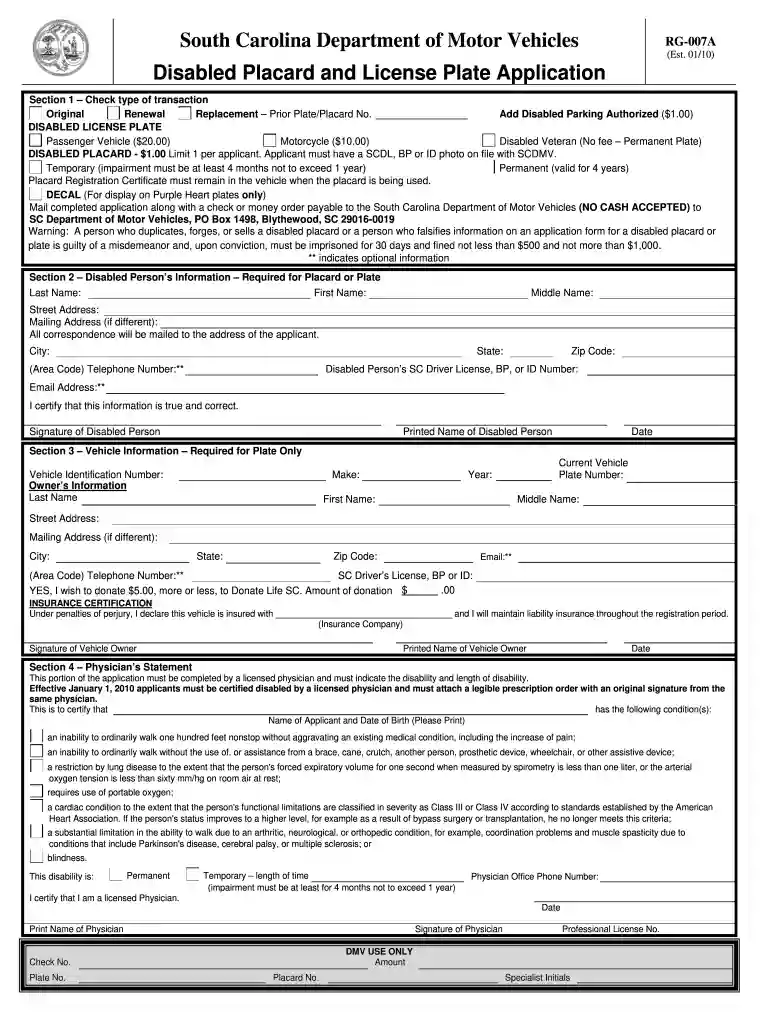 handicap placard sc Preview on Page 1