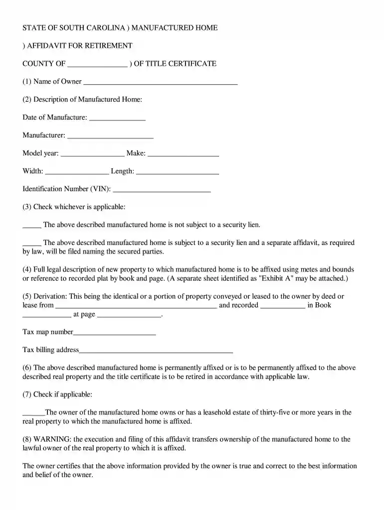 south carolina manufactured home affidavit for retirement of title certificate Preview on Page 1