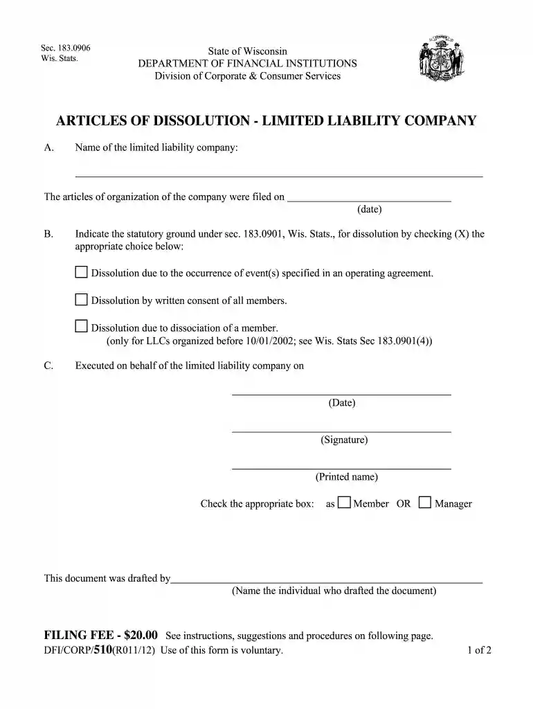wisconsin form 510 articles of dissolution Preview on Page 1