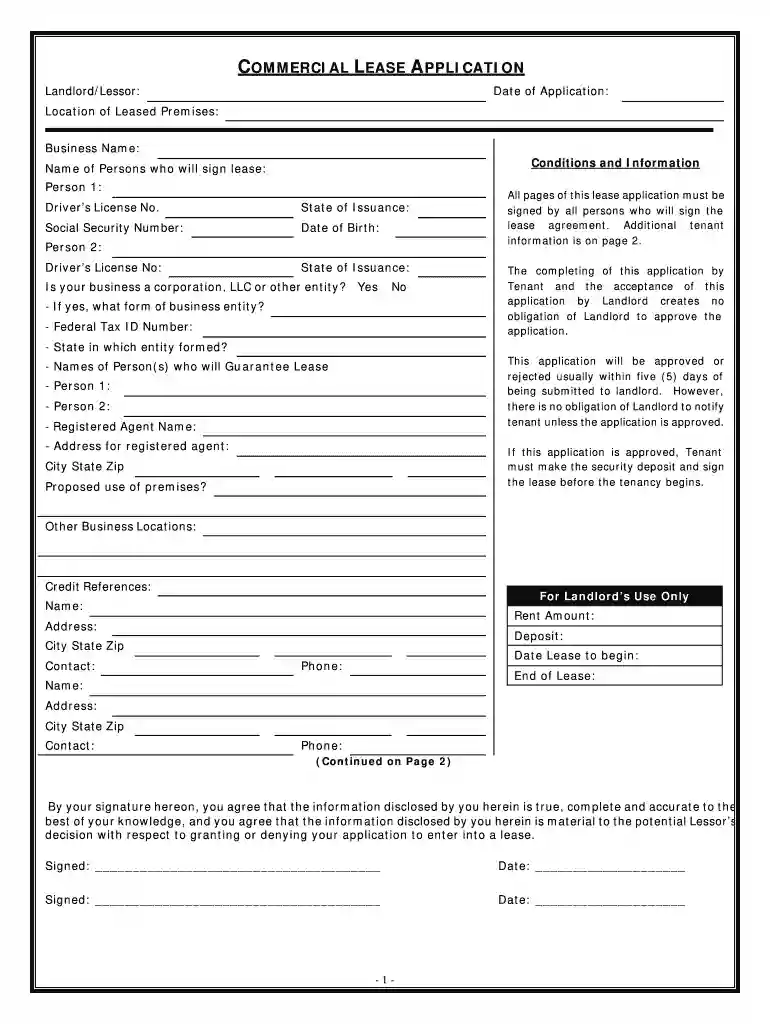 commercial lease application Preview on Page 1