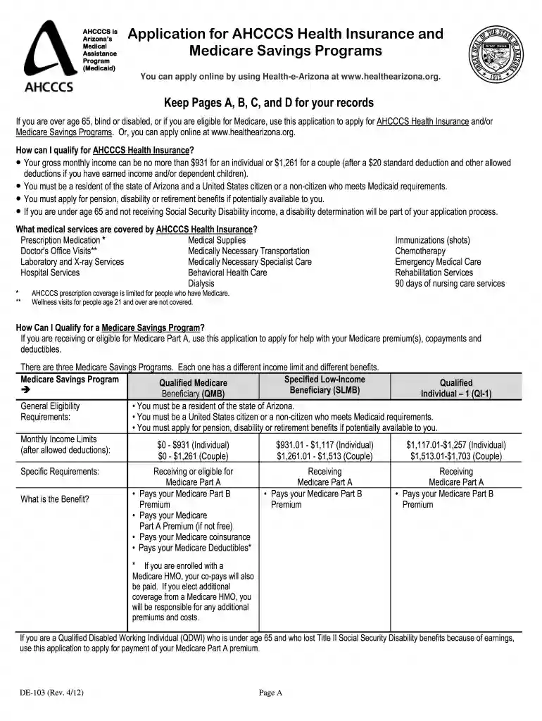 ahcccs application Preview on Page 1