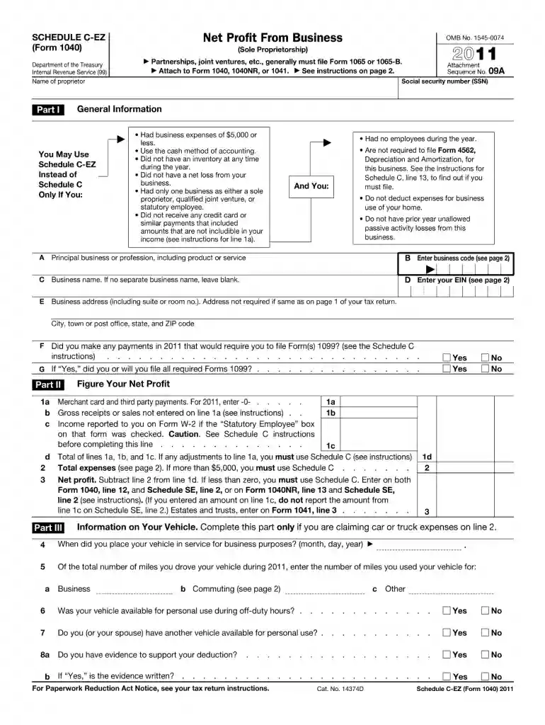 2011 fillable 1040 schedule c ez form Preview on Page 1