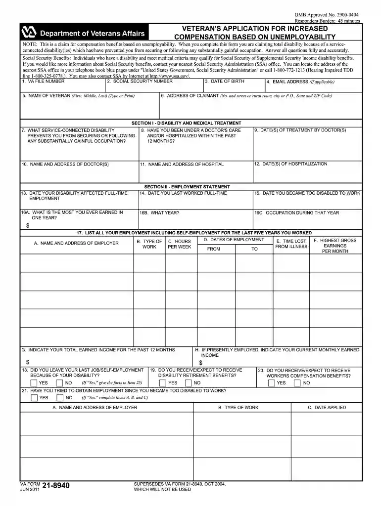 va form 21 8940 Preview on Page 1