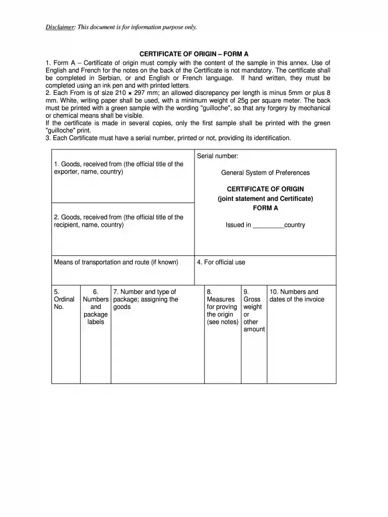 blank certificate of origin Preview on Page 1