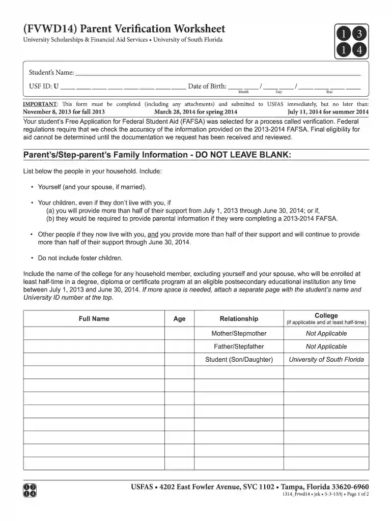 (FVWD14) Parent Verification Worksheet - University of South Florida - usfweb2 usf Preview on Page 1