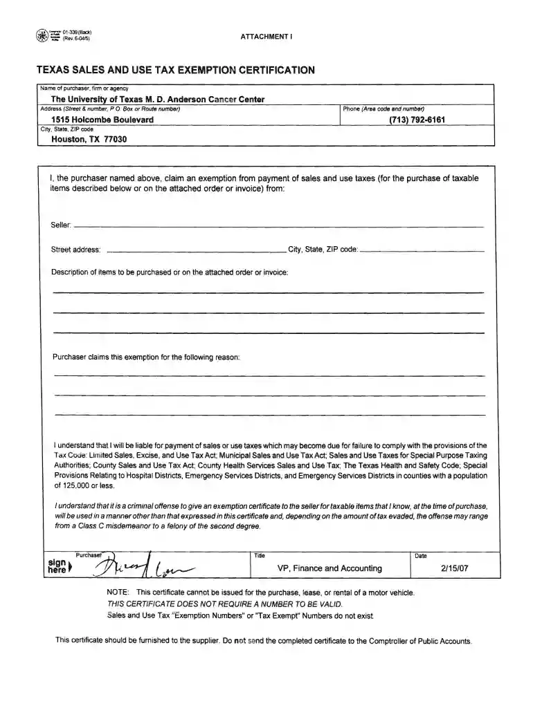 Attachment i-sales tax exemption certificate - MD Anderson Cancer ... - www3 mdanderson Preview on Page 1