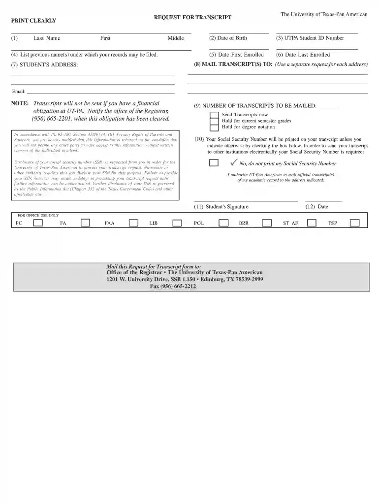 utpb transcript request Preview on Page 1