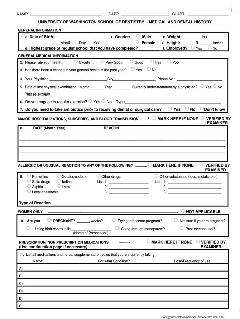 free medical history forms Preview on Page 1