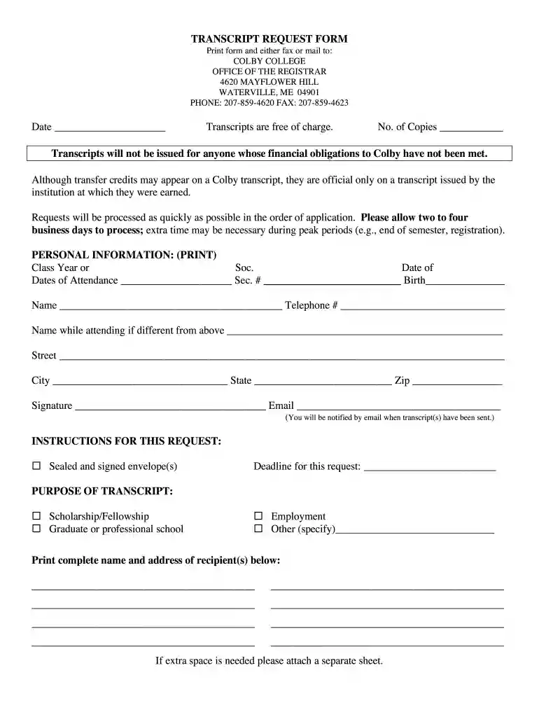 colby college transcript request Preview on Page 1