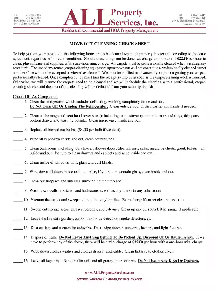 MOVE OUT CLEANING CHECK SHEET Preview on Page 1
