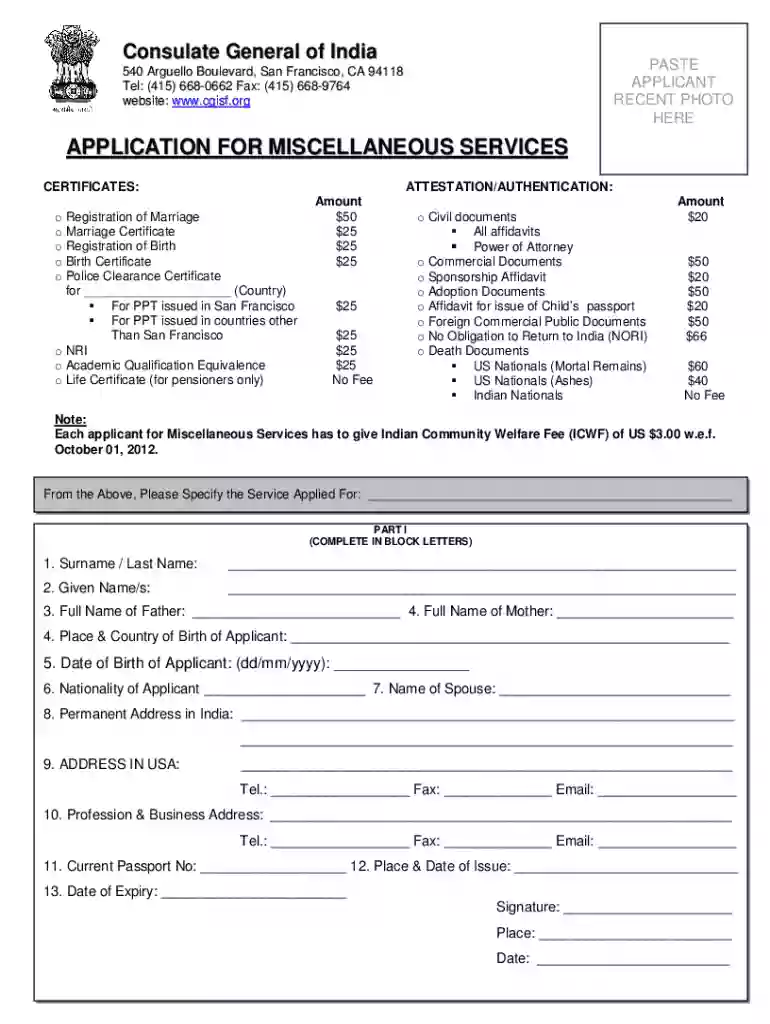 indian consulate san francisco miscellaneous services Preview on Page 1