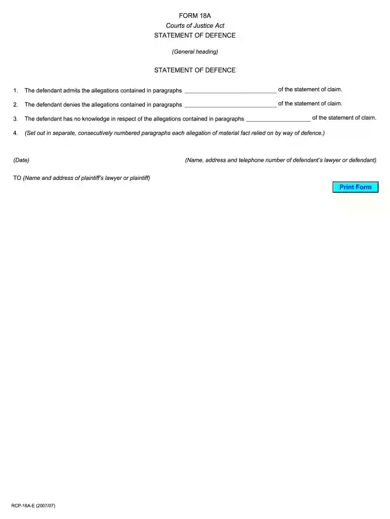 form 18a statement of defence Preview on Page 1