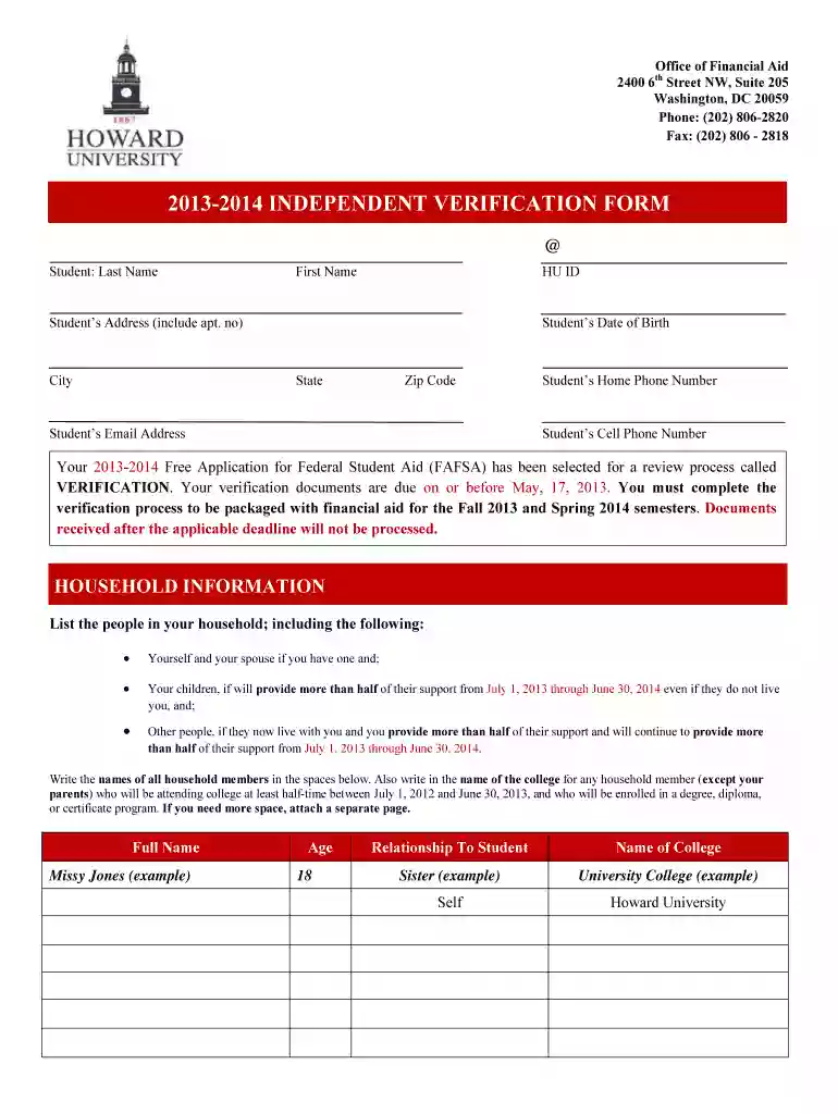 howard university verification form Preview on Page 1