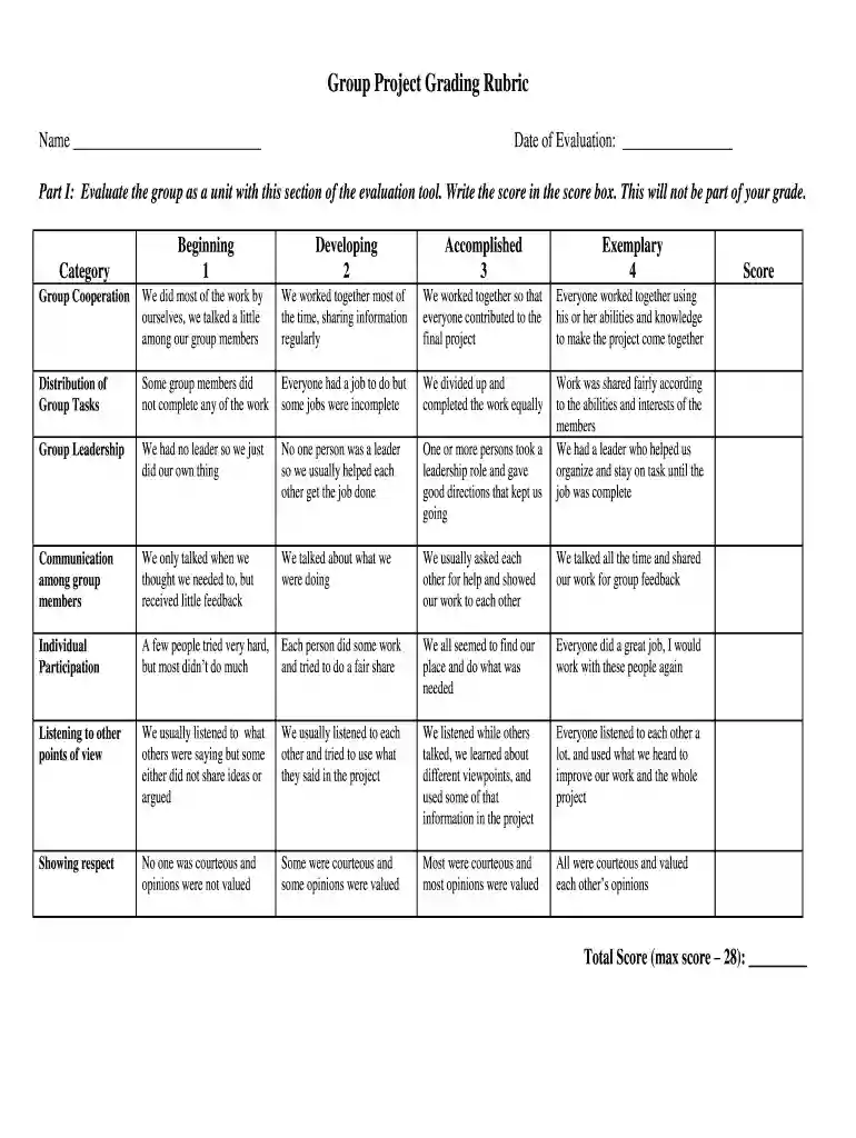 rubrics for group activity Preview on Page 1