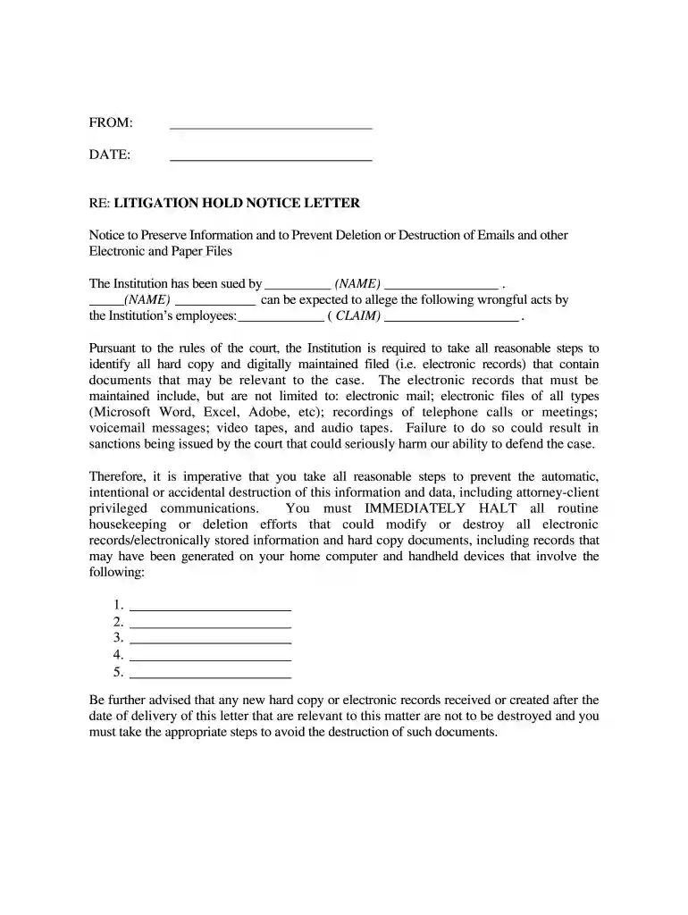 litigation hold letter sample Preview on Page 1