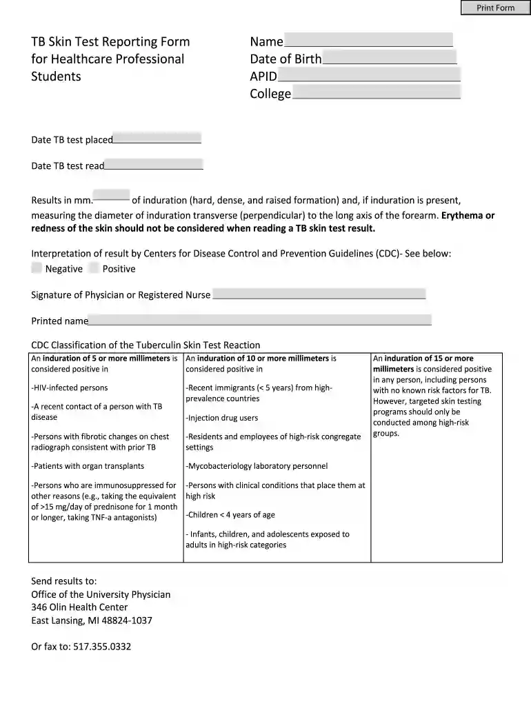 printable tb test form for employment Preview on Page 1