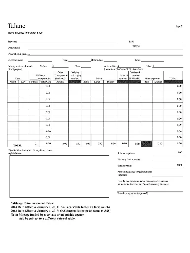 Travel Expense Itemization Sheet - Tulane University - tulane Preview on Page 1