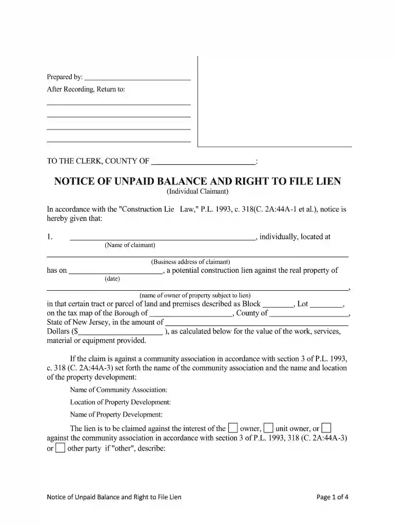 notice of unpaid balance and right to file lien nj Preview on Page 1