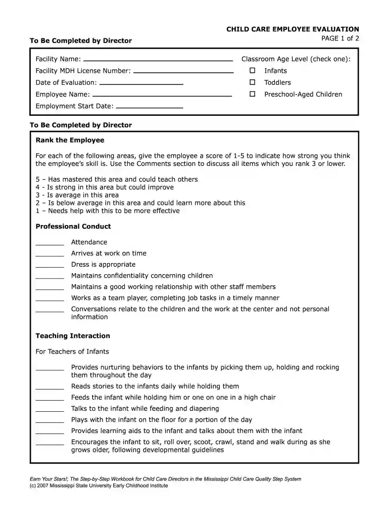 free printable child care staff evaluation form Preview on Page 1