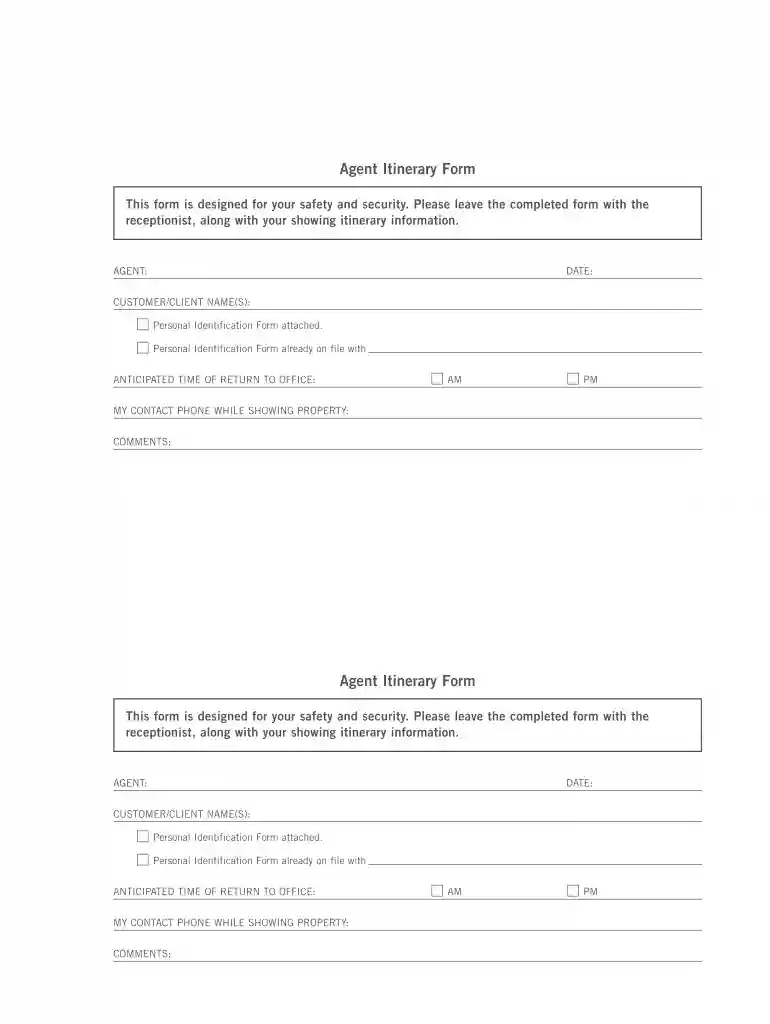 itinerary form Preview on Page 1